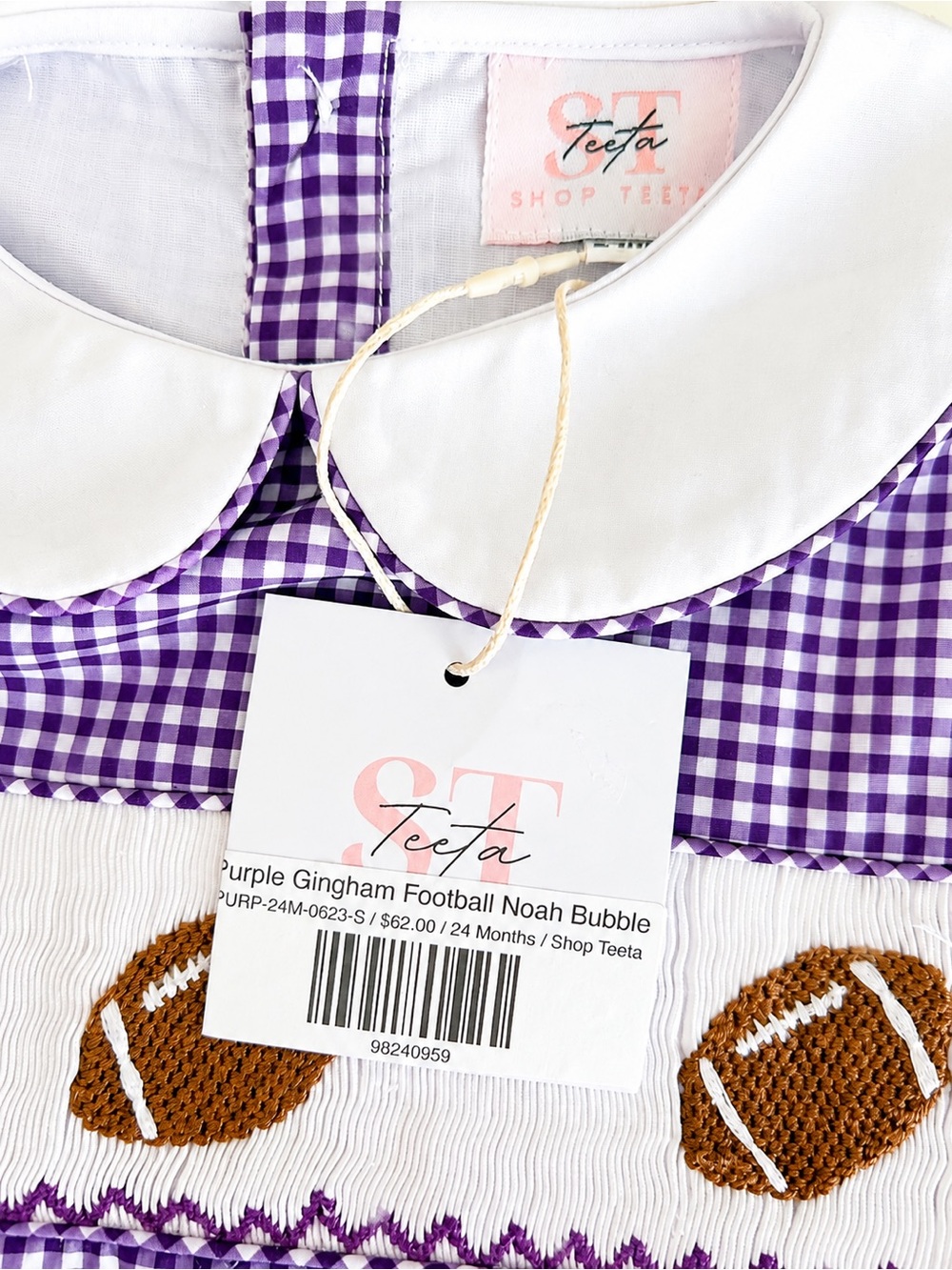 NWT Shop Teeta Purple Gingham Football Noah Bubble Smocked Romper 24M Lined - Picture 5 of 5